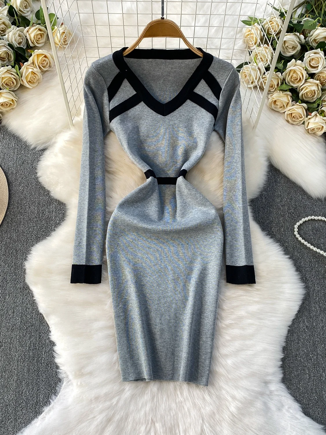 Coreano sle v-ne malha dr feminino outono inverno emagrecimento camada base envoltório em torno da saia cintura alta cor blo dr