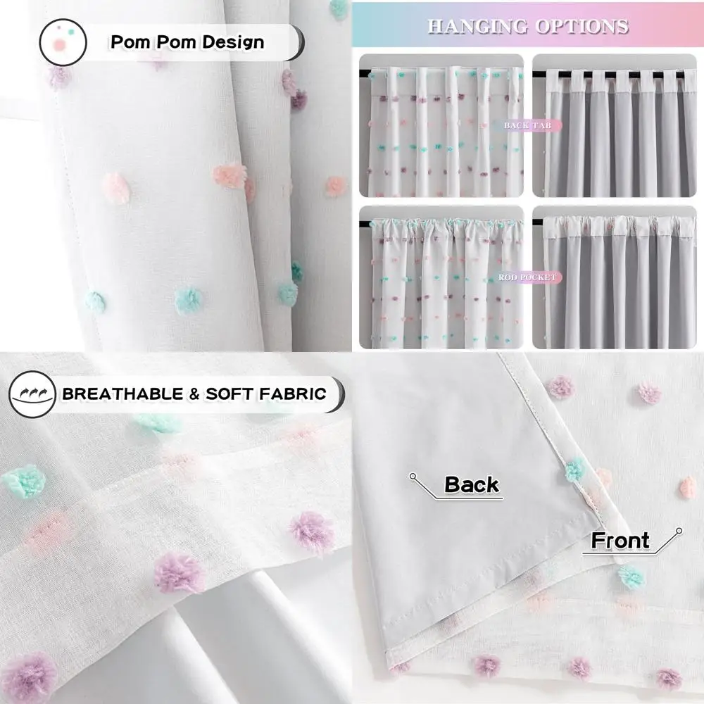 

84 плотные шторы для детской комнаты, 100% светоблокировка, Радужная детская комната, 2 панели, двухслойные, прозрачные помпоны, 52x84