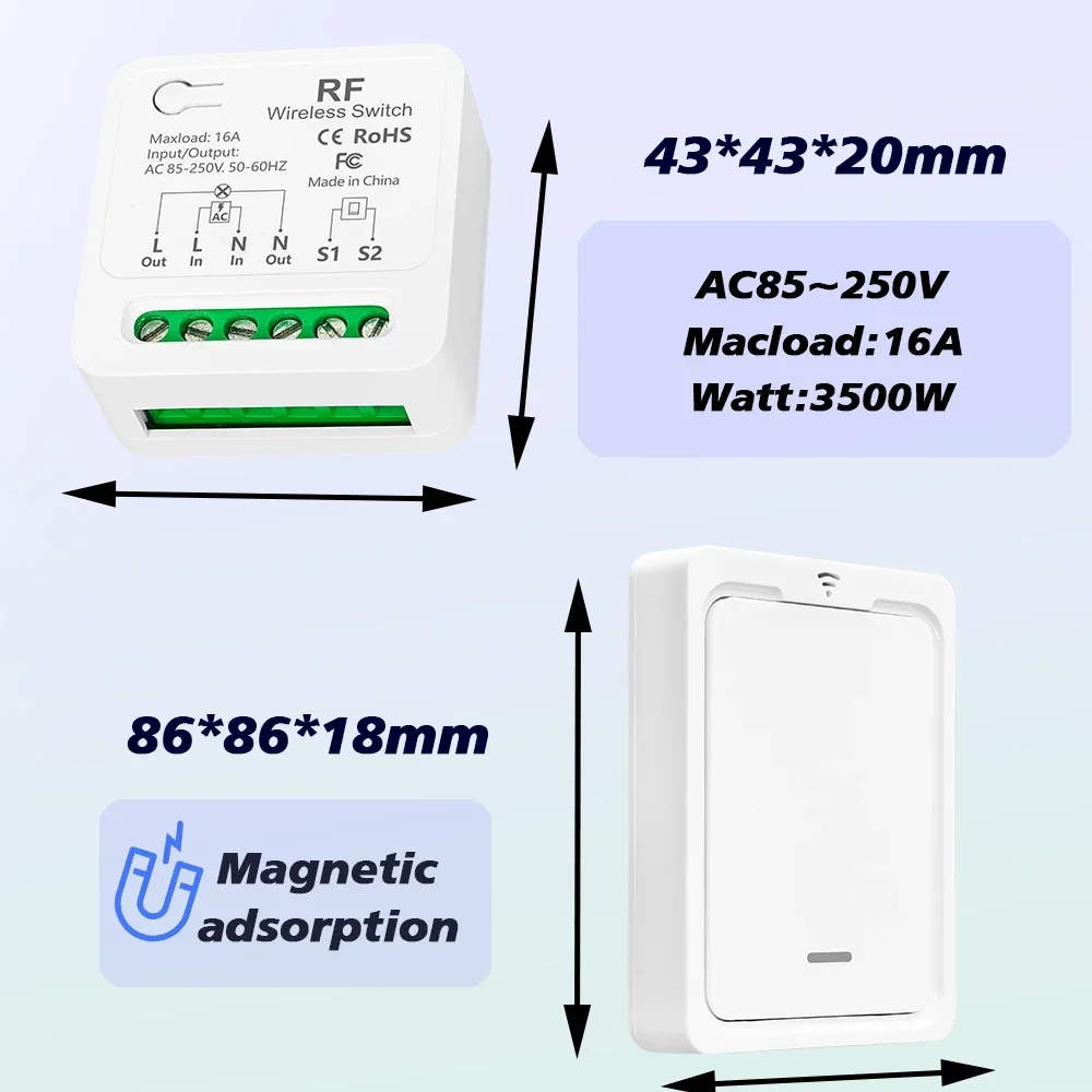 RF433Mhz Wireless Remote Control Light Switch 2Way Control 110V 220V 230V 16A Mini Receiver Wireless Wall Panel Timing Function