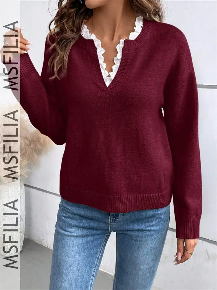 Msfilia Women's Fall/Winter Fashion Solid Color V-Neck Sweater, Lace Trim Long Sleeve Loose Knit Top