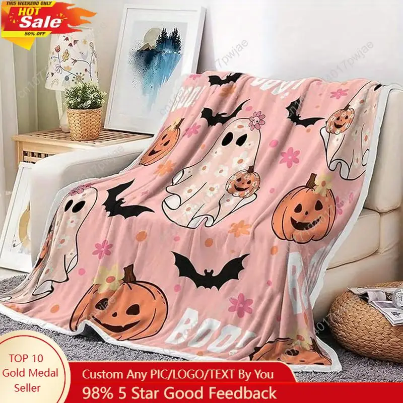 

Pink Halloween Throw Blanket, Cute Spooky Ghost Pumpkin Bat Cozy Soft Blanket, Funny Pink Halloween Boo Flannel Baby Throw and B
