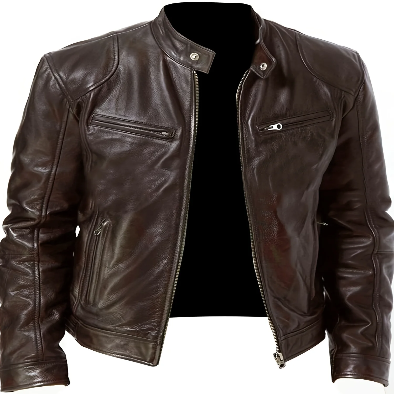 Men's Premium Solid PU Leather Jacket - Full Zip-Up, Stand Collar, Motorcycle-Inspired, Water-Resistant, Windbreaker Design - Pe