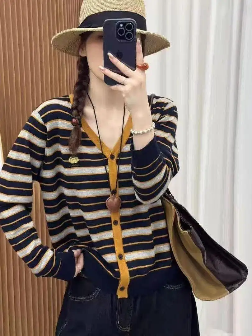 Korean Style V-Neck Long Sleeve Knitted Open Cardigan Soft Autumn Fashion Pumpkin Embroidery Striped Knitwear Women