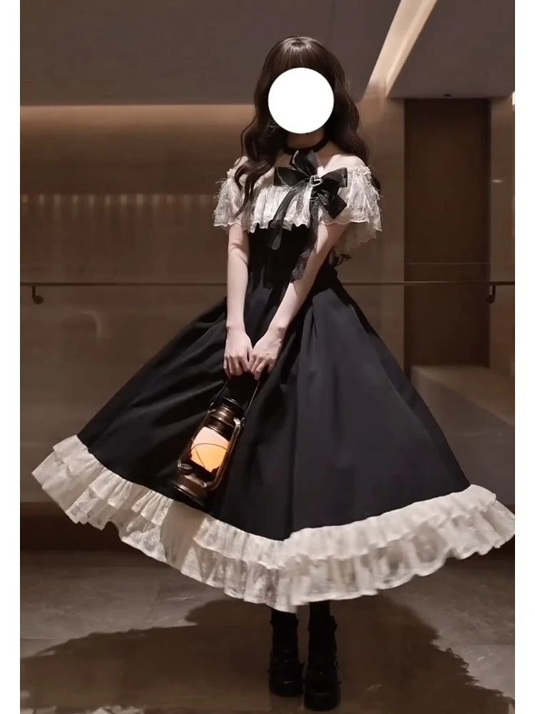 French Elegant Princess Summer Bow Lace Ruffle Off Shoulder High Waist Big Swing Black White Dress Women Girls Party Daily Wear