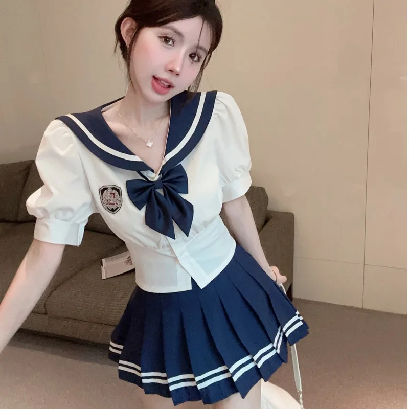 Japanese Style  College Wind Set Navy Collar Bow Tie Shirt High Waist Pleated Short Skirt Two Piece Set Waist Cinching S...