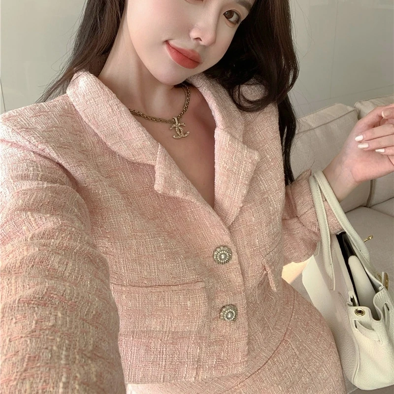 2022 Spring New Korean Fashion Casual Tweed Sets Lapel Jacket Coat + High Waist Bag Hip Mini Skirt Two Piece Suits Female