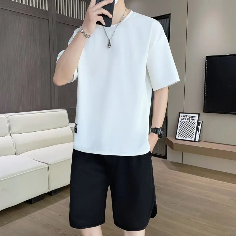 Men's Shorts Set Black Plain Workout Clothing Male T Shirt Short Sets Youthful Emo Two Piece Korean Style 2024 Outfit Stylish