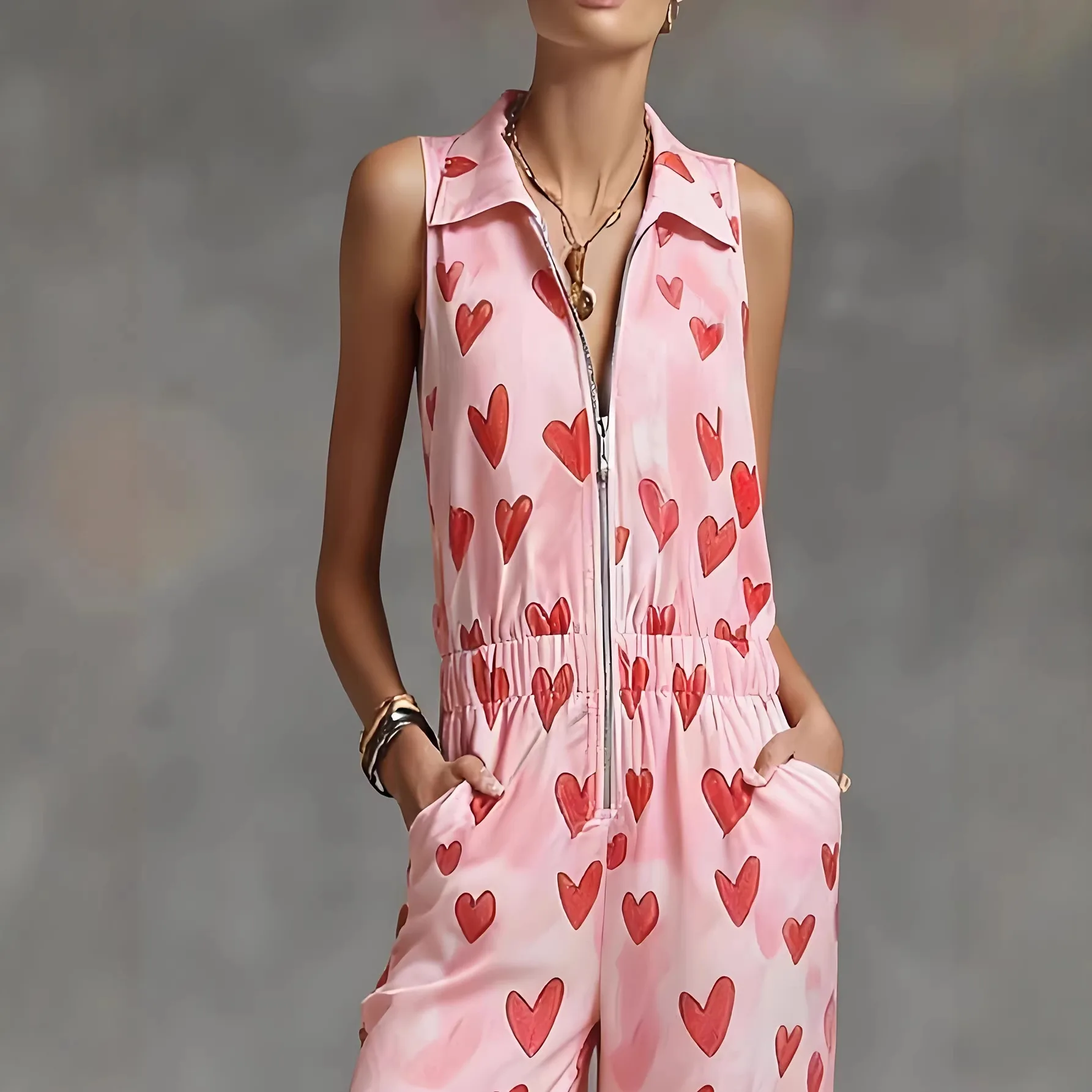 Cross-Border European American Summer New Style Heart-Print Sleeveless Loose Casual Jumpsuit With A Turn-Down Collar And Zipper
