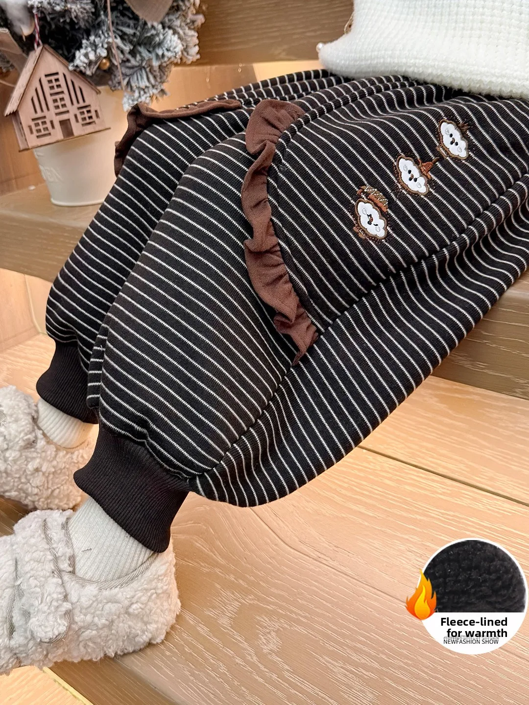 

Thiened Fce Winter Casual Pants for Little Girls High Waist Straight Leg High Densi Color Stripe Lace Inteated Velvet