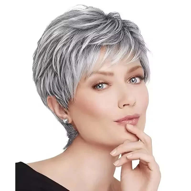 Fotografia 4: Nova Chegada: Peruca Feminina Curta Pixie Cinza Claro de Cabelo Humano, 4 Polegadas, 150% de Densidade, Estilo Natural Feito à Máquina