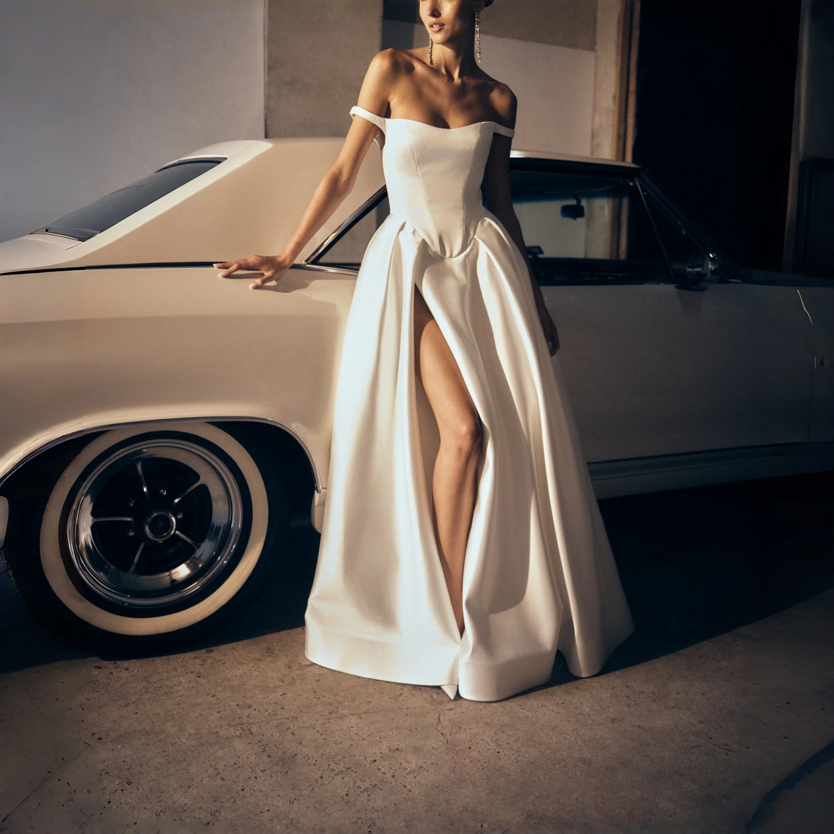 Off-the-Shoulder Satin Wedding Dress Fitted Bodice Ball Gown with Slit Floor Length Formal Evening Bridesmaid Reception Gown