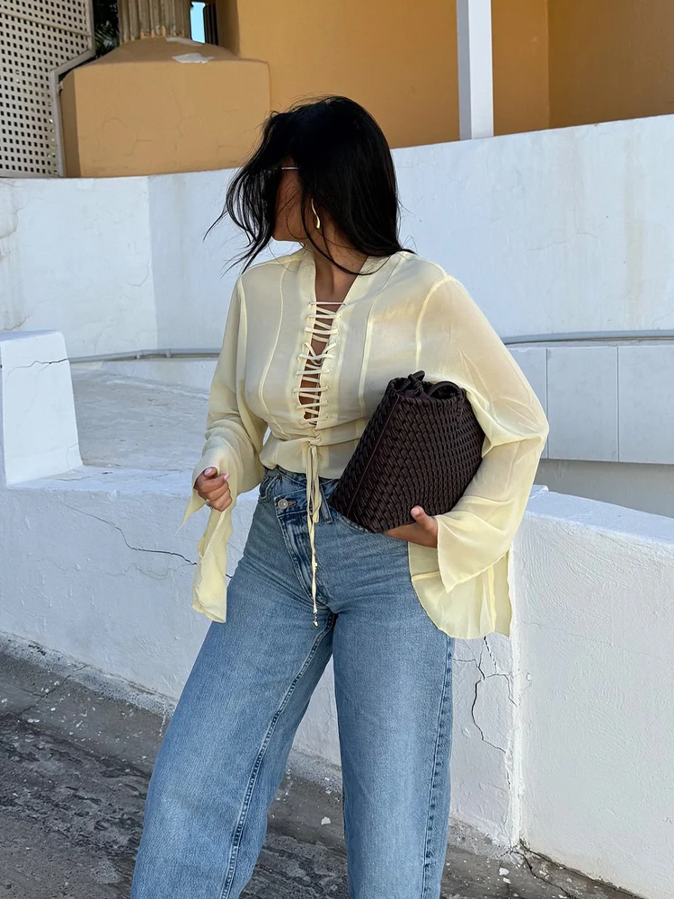 TRAFZA Women's Summer New Versatile V-neck Lace-up Decorative Chiffon Loose Shirt Female Thin Pullover Casual Long Sleeve Shirt