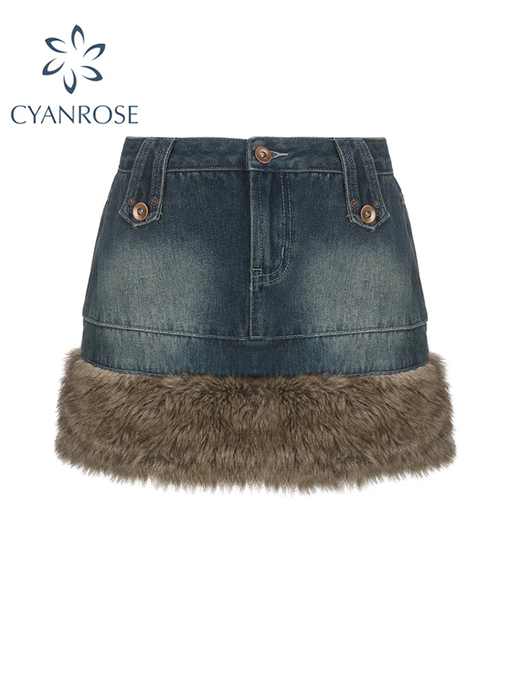 

Women Plush Patchwork Blue Denim Skirt Harajuku Korean 90s Y2k Skirt Streetwear Fashion Vintage A-line Jean Skirt 2000s Clothes