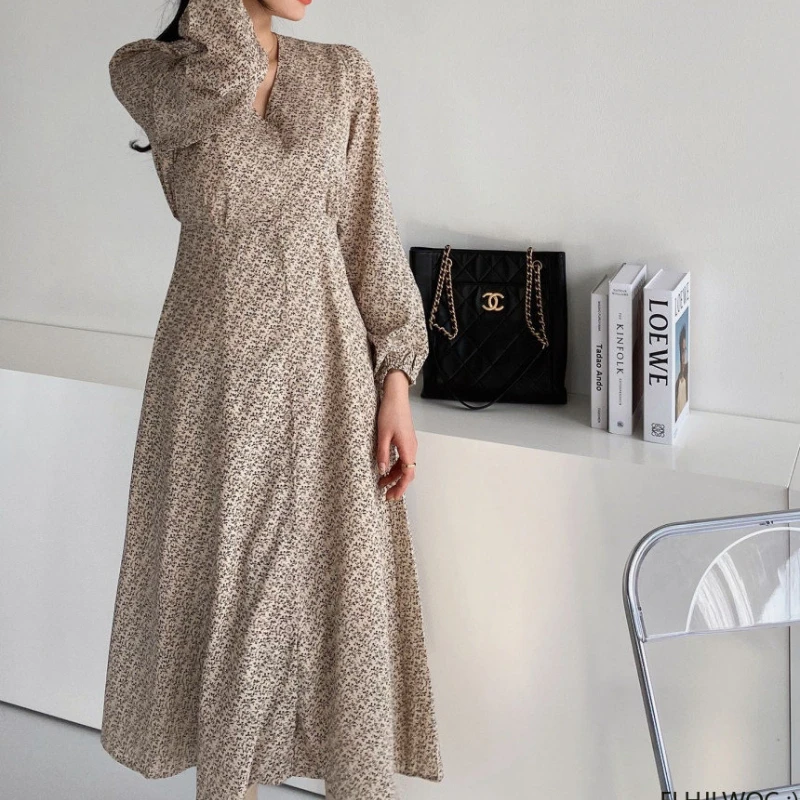 2023ขายร้อนผู้หญิง Vestidos แฟชั่นสำหรับผู้หญิงเกาหลีเก๋สไตล์ญี่ปุ่น V คอเดี่ยวปุ่ม Elegant Dress KAOS Panjang