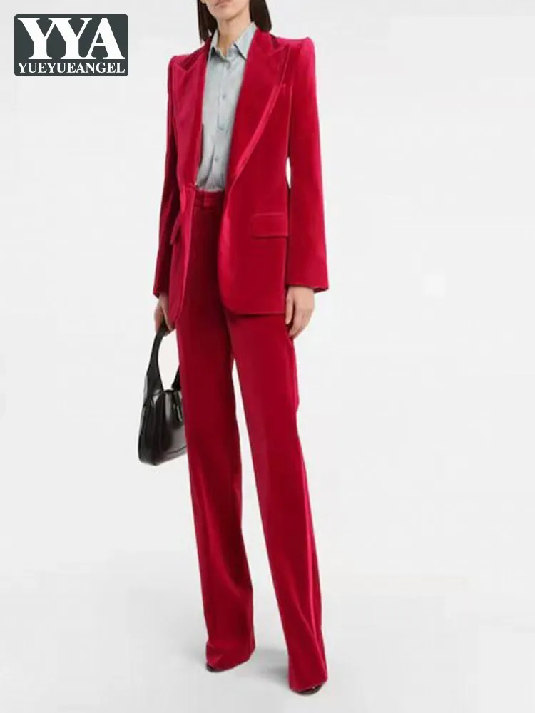 Autunno elegante donna Blazer in velluto rosso pantaloni due pezzi Set Slim Fit Office Ladies Suit One Button Stage Show Set coordinati abiti