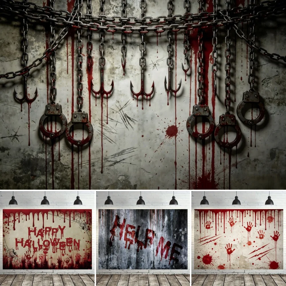 Halloween Horror Photography Backdrop Bloody Wall Chains Handcuffs Hook Background Scary Party Decor Photo Booth Banner Props