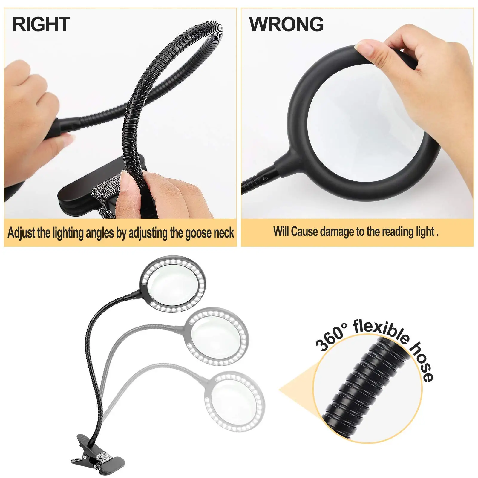 10X Magnifying Glass with Light Clip on Magnifier LED Magnifying Lamp with Flexible Goose-neck for Home Office Reading Study