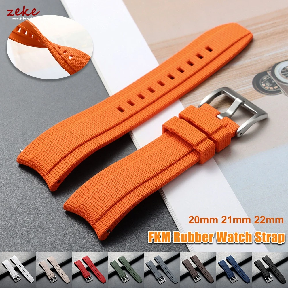 Curved End FKM Rubber Watch Band for Seiko 20/21/22mm Textured Surface Premium Fluororubber Strap for Rolex Quick Release Belt