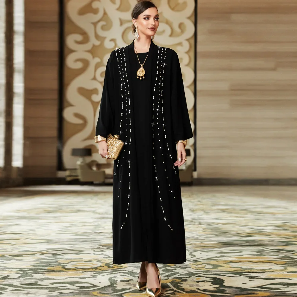 Black Abayas for Women Dubai Turkey Party Dress Morocco Kimono Cardigan Muslim Open Abaya Diamonds Kaftan Eid Ramadan Vestidos