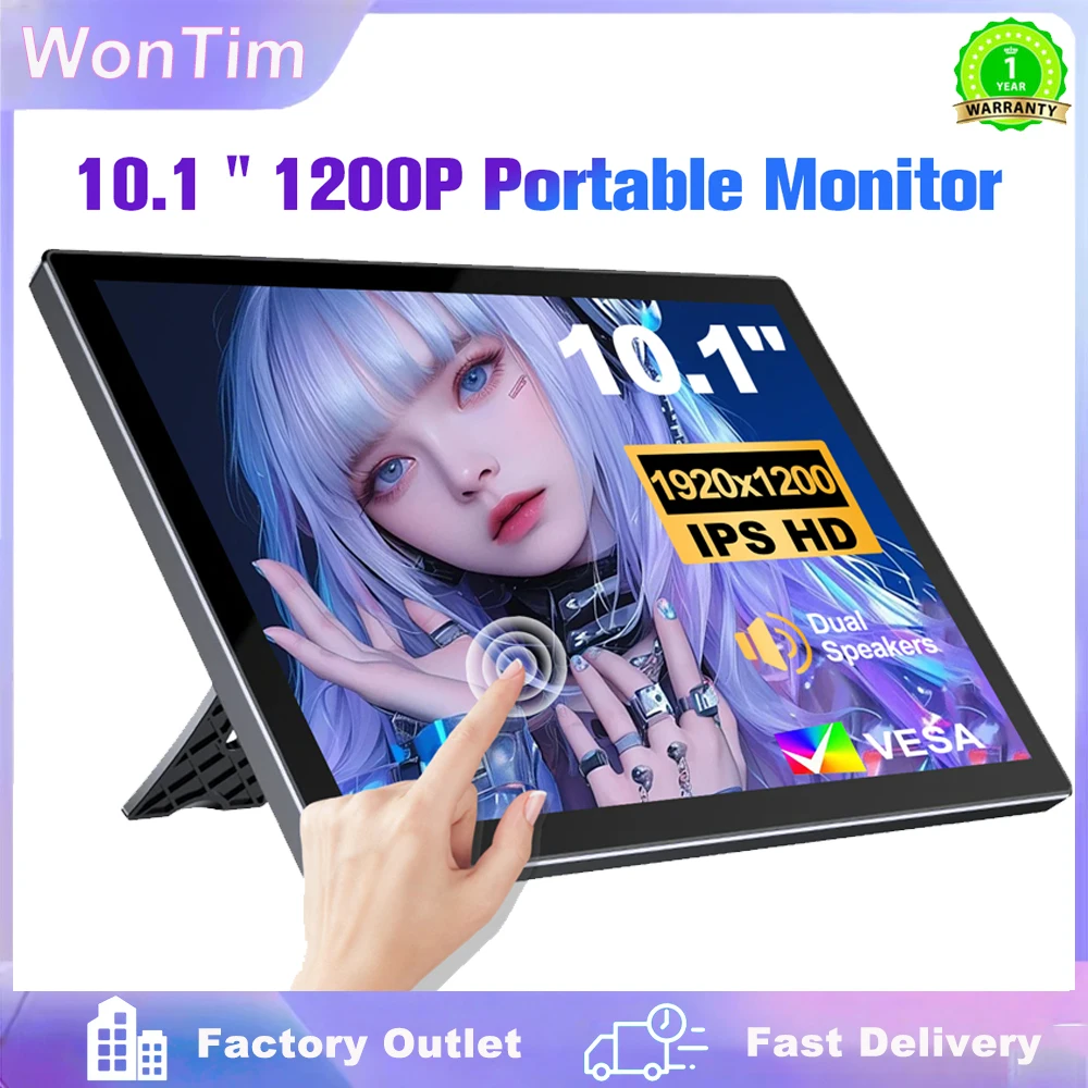 10,1-дюймовый портативный сенсорный монитор с экраном 1920x1200, IPS LCD, 5-точечным сенсорным экраном, двумя динамиками, разъемами Type-C, HDMI, USB-C для ПК, автомобиля и компьютера.