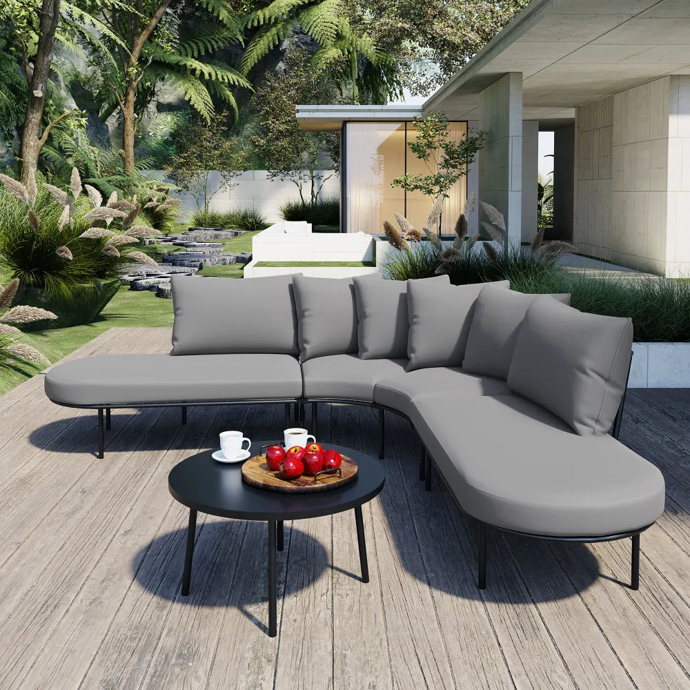 

Patio Half- Moon Curved Outdoor Furniture Sofa Set with Coffee Table, All Weather Iron Frame Outdoor Indoor Conversation Set