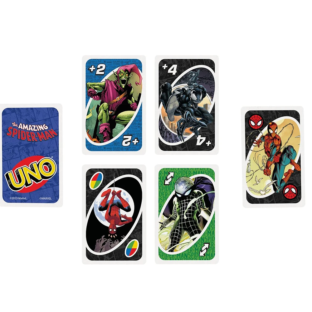 Mattel Games UNO Spider-Man Card Game for Family Night Featuring Tv Show Themed Graphics and a Special Rule for 2-10 Players