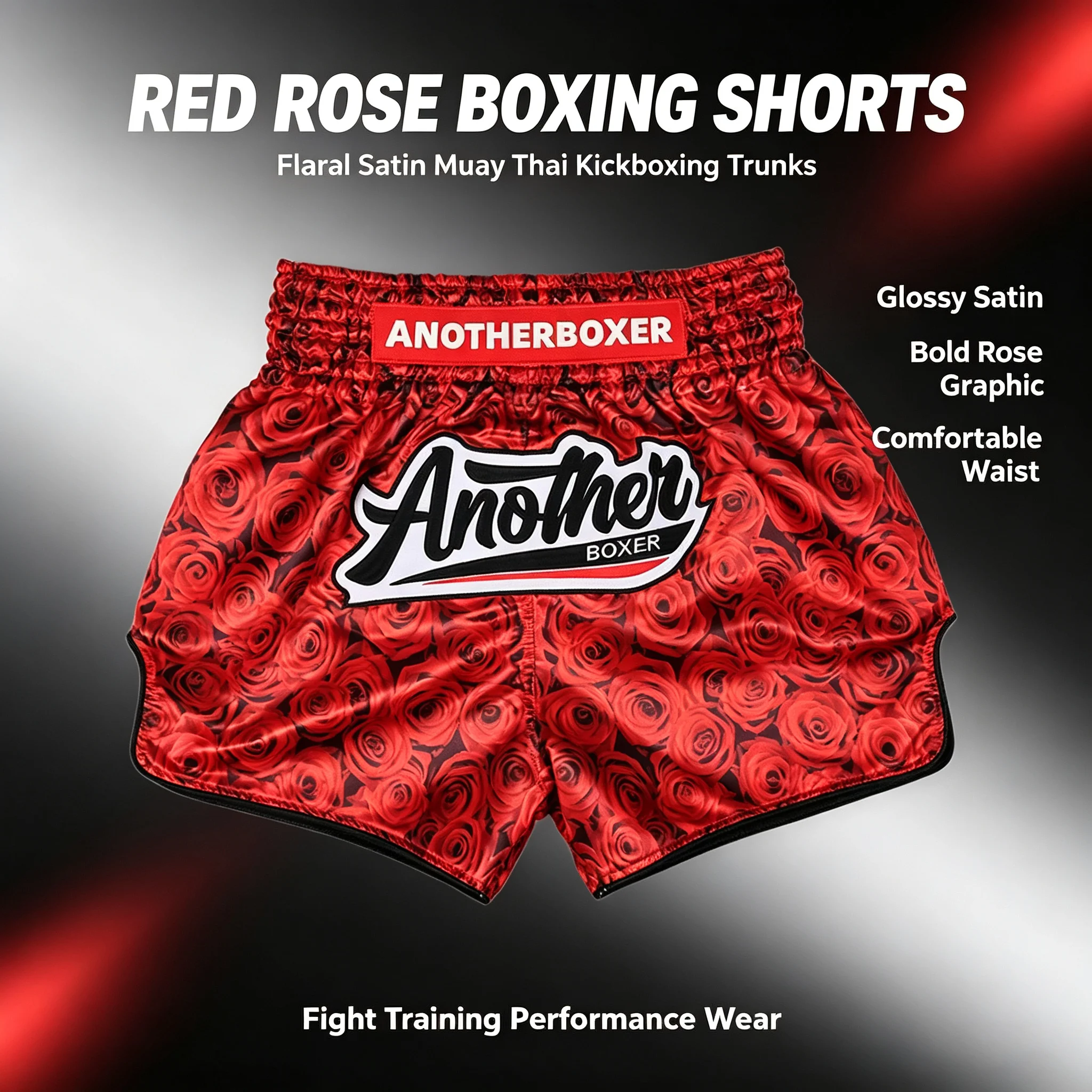Allover Red Rose Muay Thai Fight Shorts Smooth Satin Elastic Waist Side Cut Floral MMA Boxing Pants Gym Training Sparring Wear