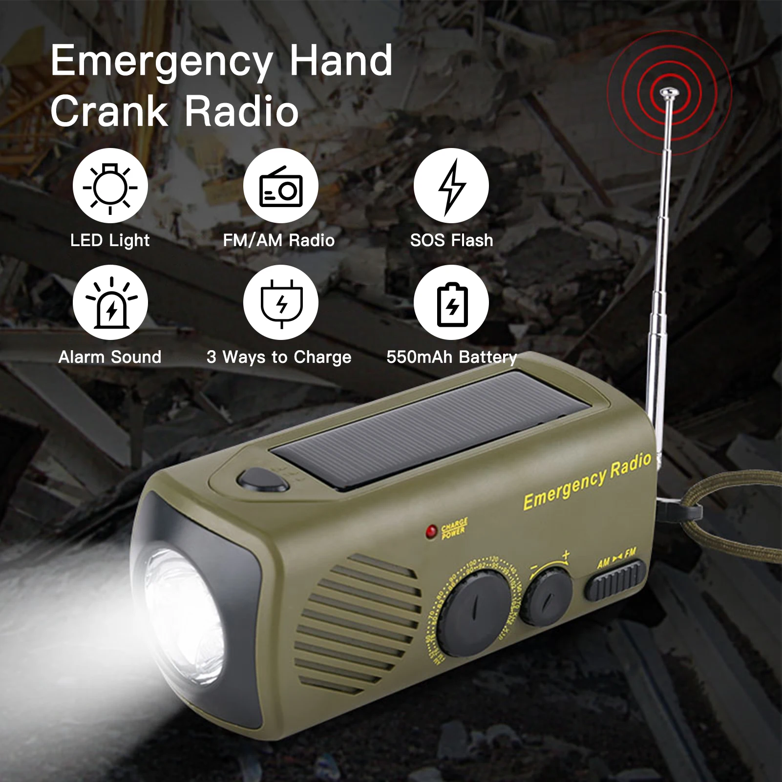

Outdoor Emergency Radio Solar Charging Hand Crank USB Rechargeable Radio with Flashlight SOS Alarm AM/FM Cell Phone Charger