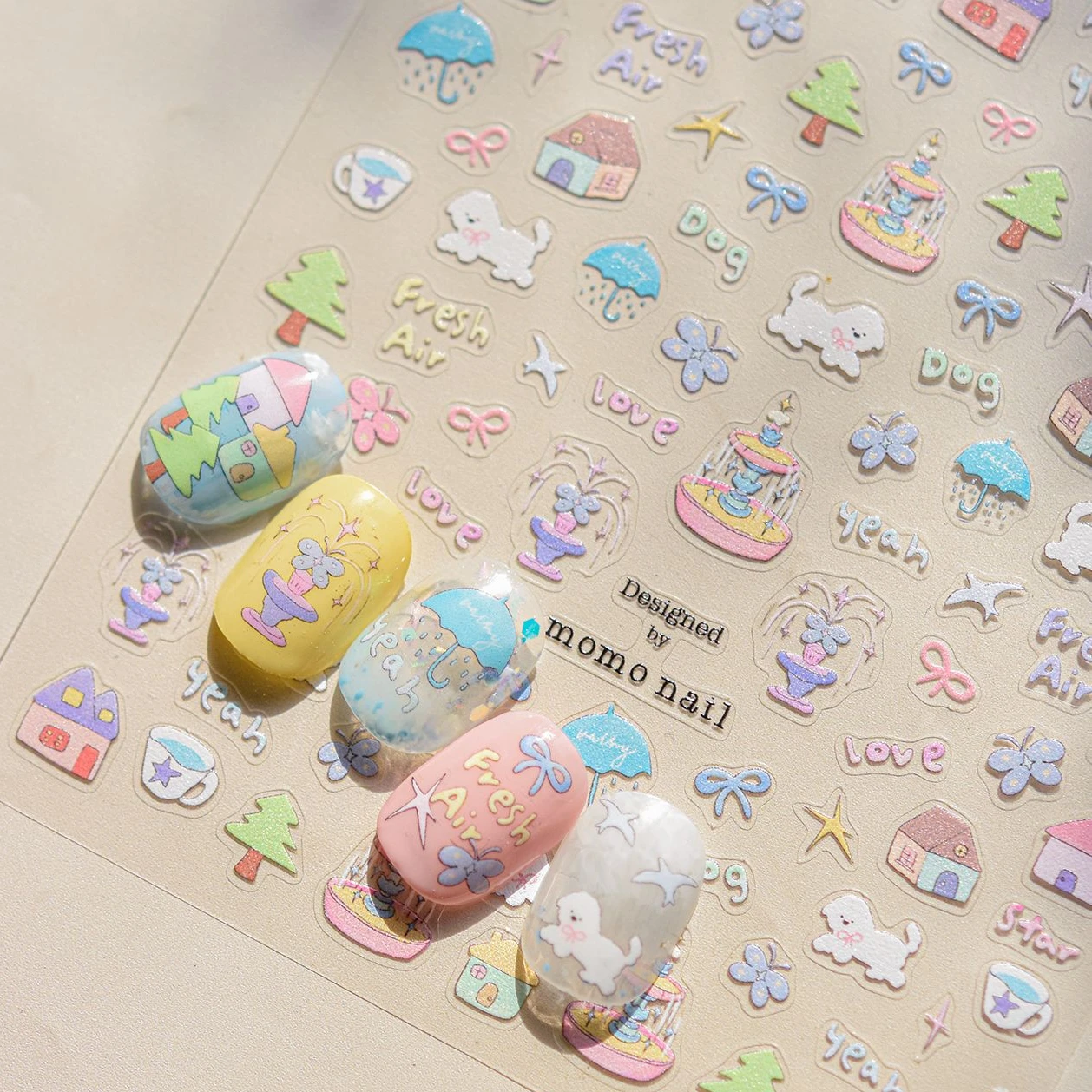 

Cute Dog House Fresh Air Bird Fountain Star Umbrella Pine Cartoon Pattern Soft Embossed Adhesive Nail Art Sticker Manicure Decal
