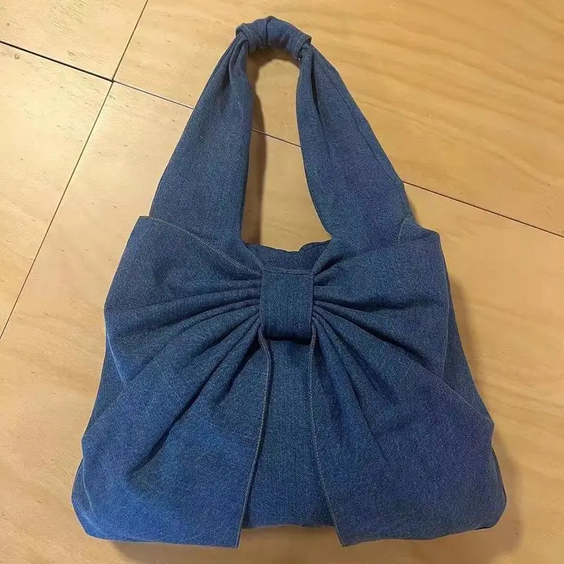 Borsa a tracolla in Denim con fiocco carino borsa a tracolla leggera Kawaii da viaggio per il tempo libero di nicchia di grande capacità per le donne