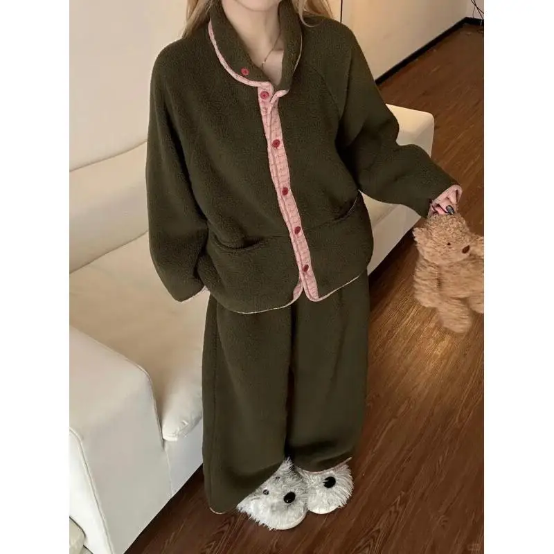 Pajama Sets Women Solid Daily Soft Home Casual Basics Winter Vintage Lovely Korean Style Ladies Simple Charming Delicate Warm