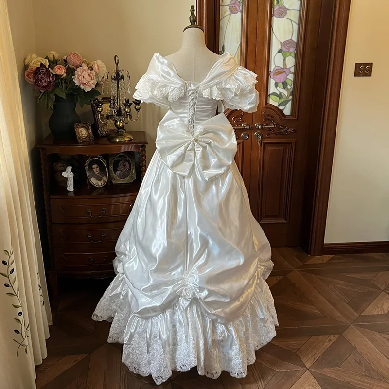 AnXin SH princess rose flower boat neck white satin ruffles sleeve ball gown big bow lace up customized wedding dress