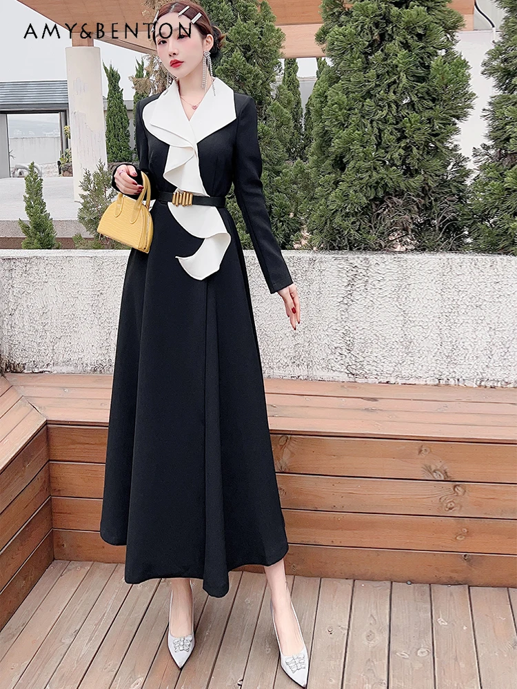 

High-End Graceful Patchwork Ruffled Slim Large Swing Dress 2024 Spring Autumn New Socialist Graceful Fashion Business Dresses