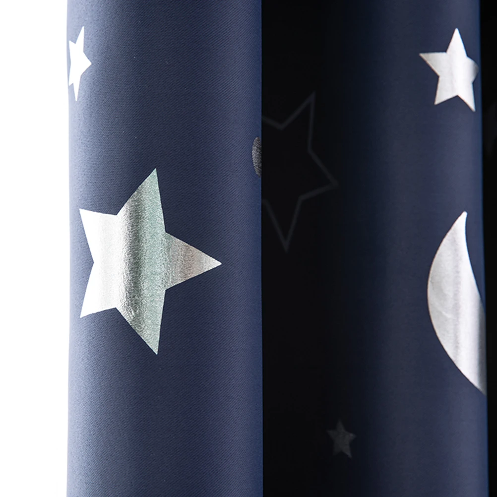 

Blackout Window Curtain Silver Stars Moon Heat Insulation Punching Curtains Privacy Decorative Kids Bedroom Living Room