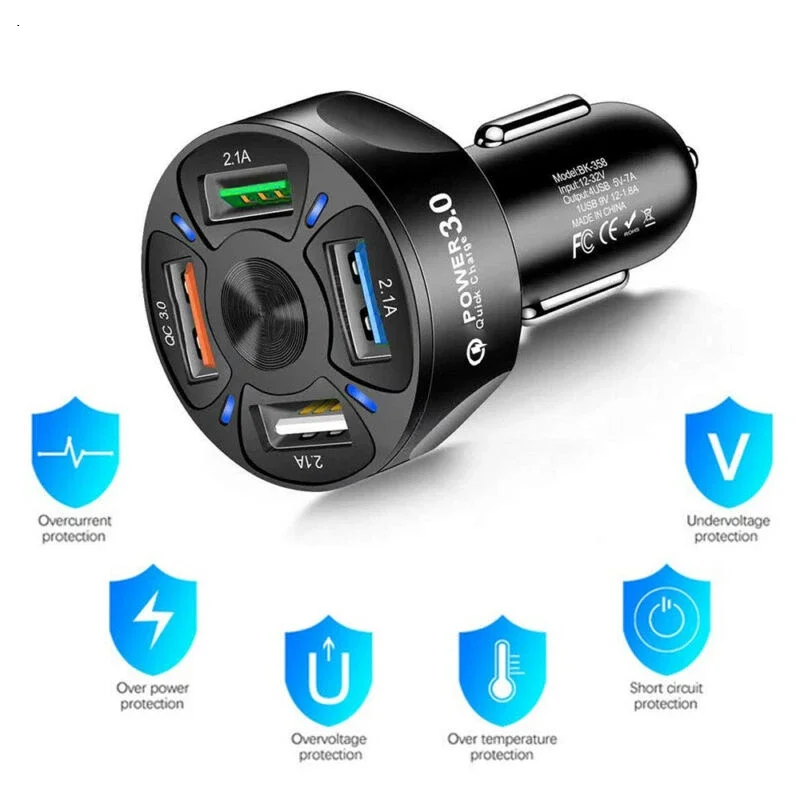 4 USB Port QC3.0 Car Charger Fast Charging Adapter Car Interior Accessories Compatible with For iPhone Android Mobile Phone