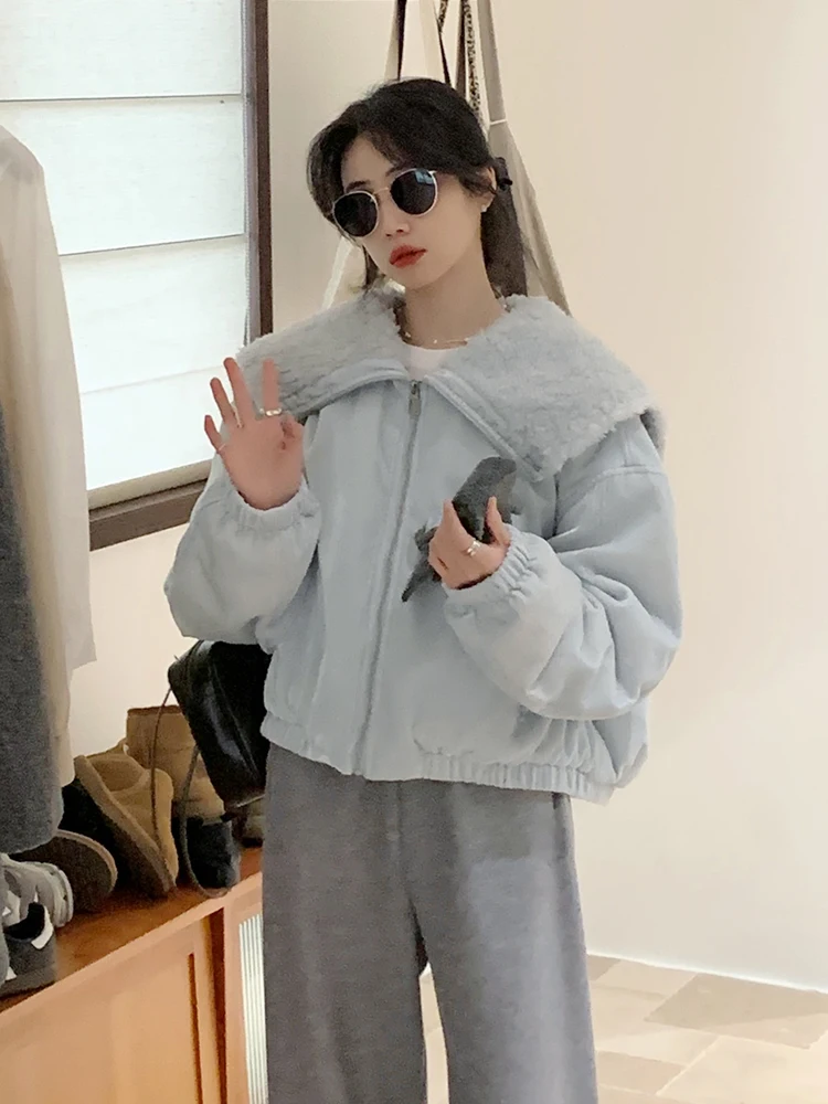 

Blue Super Beautiful Lamb Fur Collar 90 White Du down Velvet down Jaet Women's 2024 Winter New Sle Commute Sle Korean...