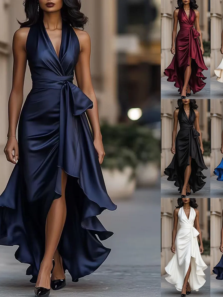 Ele Cetim Longo Svel Vestido de Cintura Alta Feminino Faion V-Ne A-Line Dr Fibra de Poliéster de Alta Qualidade