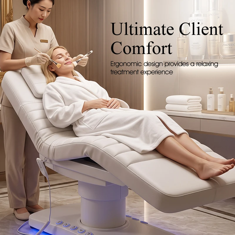 Pure White 3-Motor Electric Massage Bed with Foot Control And Blue Light Caterpillar Design for Beauty Salon Spa