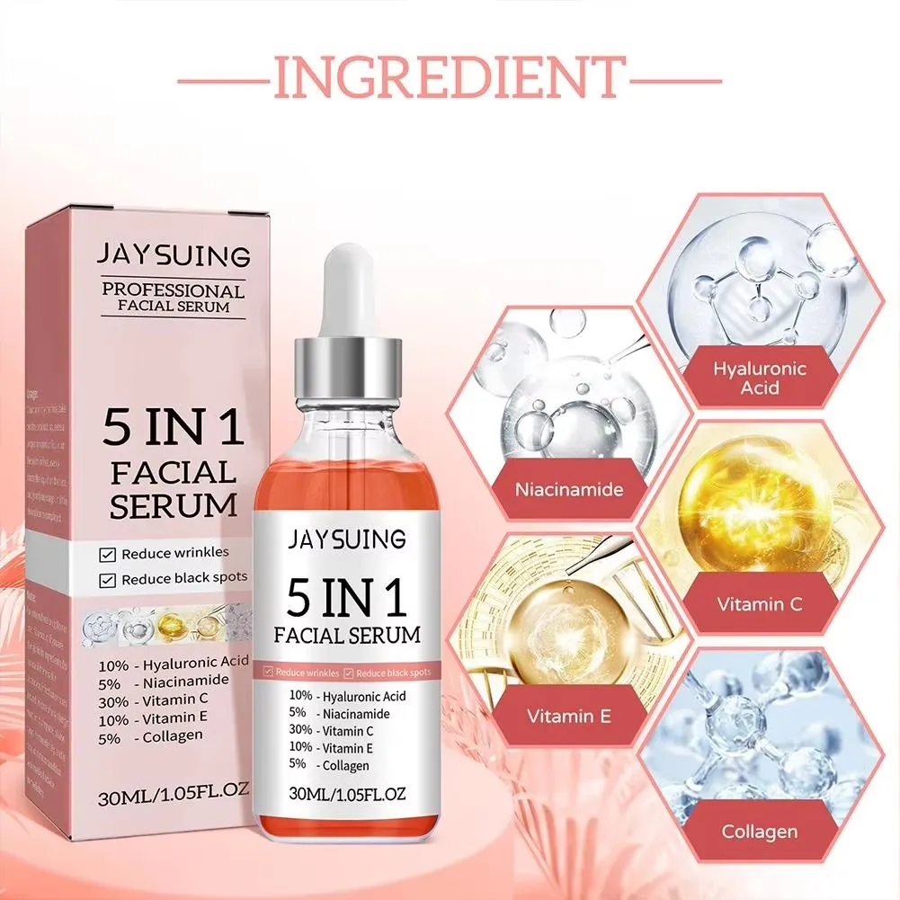 5 In 1 Fade fine lines Firming Face Serum Brightning Vitamin C Moisturizing Hyaluronic Acid Facial Serum รูขุมขนหดตัว Skin Care