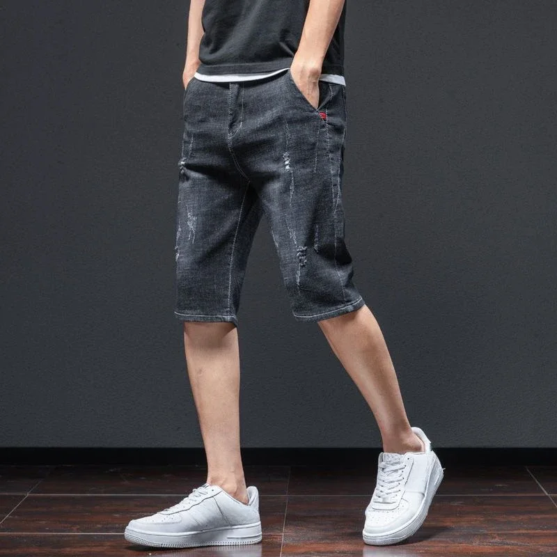 Man Denim Shorts Stretch Drawstring Ripped with Pockets Short Jeans Pants for Men Luxury Original Trend 2024 Rude Streetwear Emo