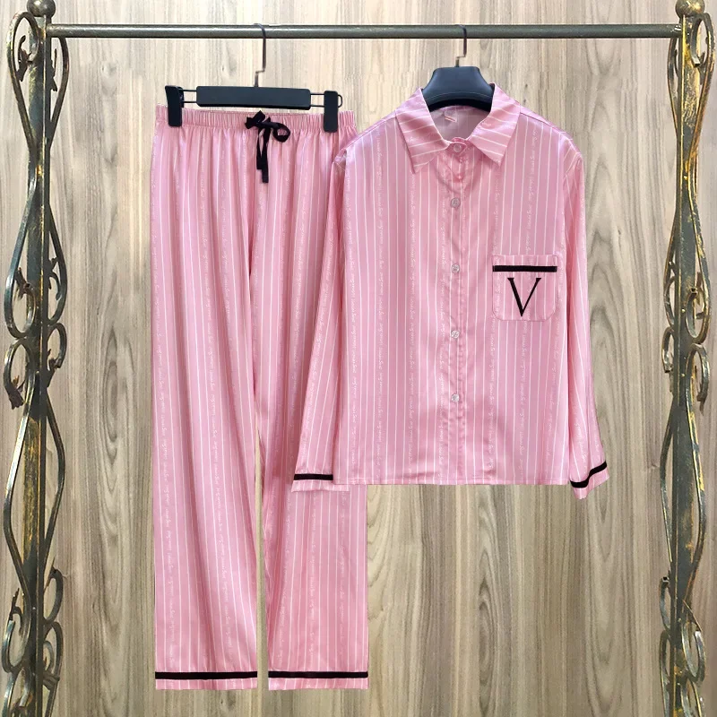 High Quality Sleepwear VS Pink Silk Satin Pajamas for Women\'s Spring Autumn Long Sleeved Home Wear 2-piece Set Nightwear