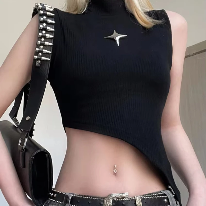2026 New Spice Girl Dark Fashion Sexy Semi-high Collar Sleeveless Vest Irregular Hem Vest Vintage Elastic Tight Women's Tops