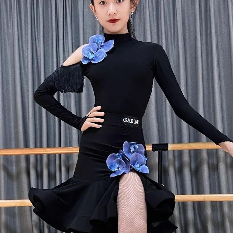 

Latin Costume Ballroom Dancing Dresses For Kids Blue Floral Tops And Skirt Set New Model Girls' Practice Outfit Spring Dancewear