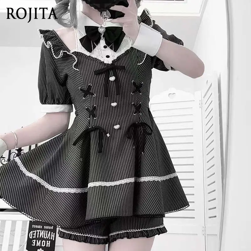 

Striped Waist-Cinching Mass-Produced Lace-Up Lace Summer Short Sleeve Lolita Dress Two-Piece Set Women's Clothing