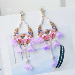 1 pair Fashion Korea Purple Acrylic butterfly flower Pearl Tassel Pendant Earrings for women jewelry gifts