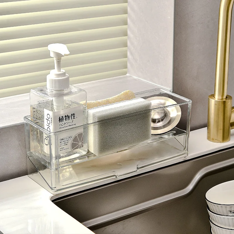 رف تخزين المطبخ، الحوض، رف قماش غسيل الأطباق، رف تخزين منظف غسيل الأطباق على سطح الطاولة، رف تصريف إسفنجي للصنبور