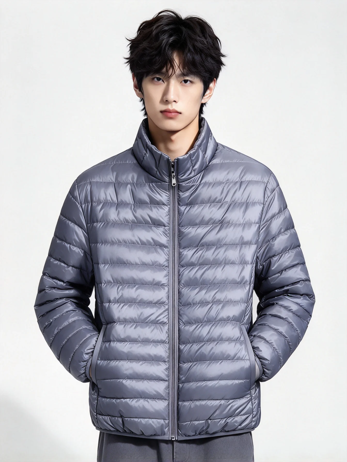 Men Lightweight Puffer Jacket Stand Collar Solid Color Zipper Outerwear Casual Slim Warm Portable Short Coat