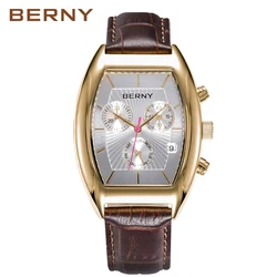 BERNY Men's Watch Classic Tonneau Quartz Chronograph Watches for Men Multifunction Dial Vintage-Style Business Dress Wristwatch