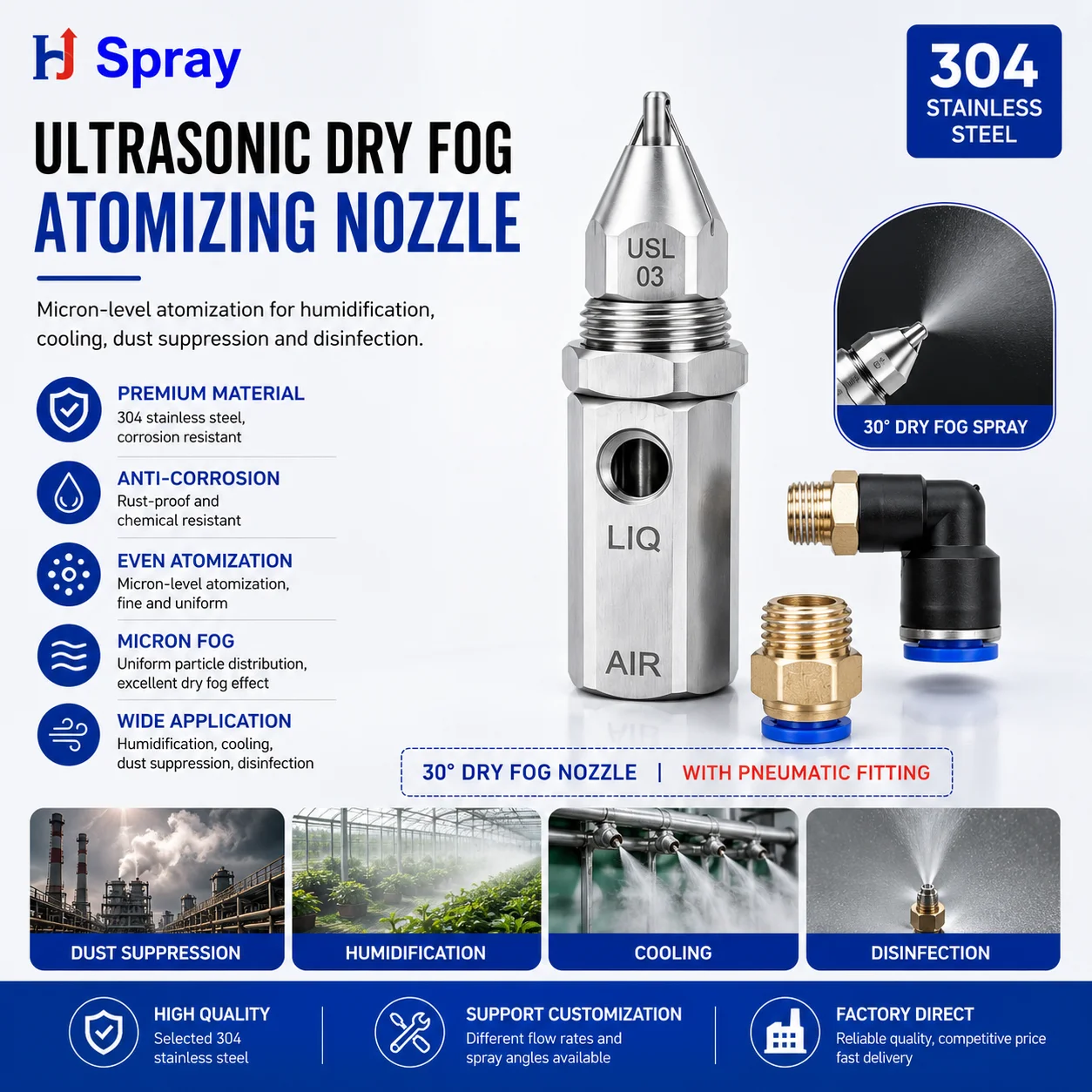 Huajue Two Fluid Air Atomizing Nozzle Dry Fog Spray Nozzle Stainless Steel Fine Mist Nozzle for Dust Suppression Cooling