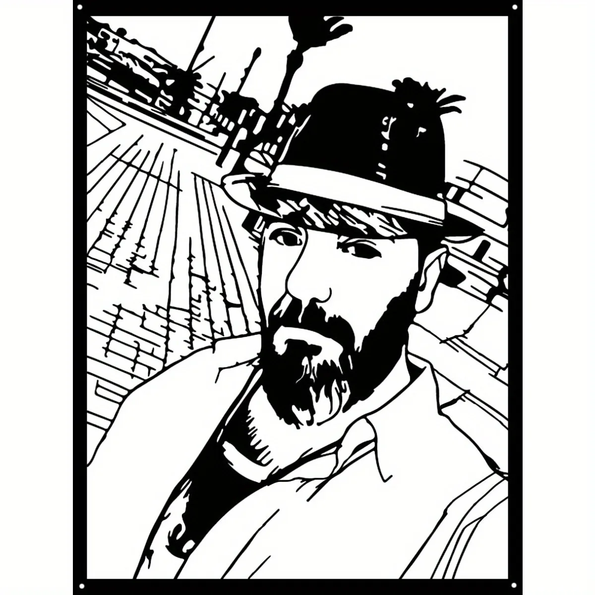 [2D Flat] Custom Bearded Man Portrait Metal Plaque, Black Line Art Male Sketch Personalized Wall Decor (Only For Decoration)